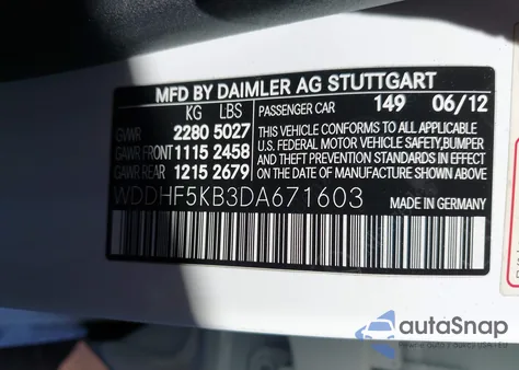 2013 Mercedes-Benz E 350 from USA, damaged, VIN WDDHF5KB3DA671603